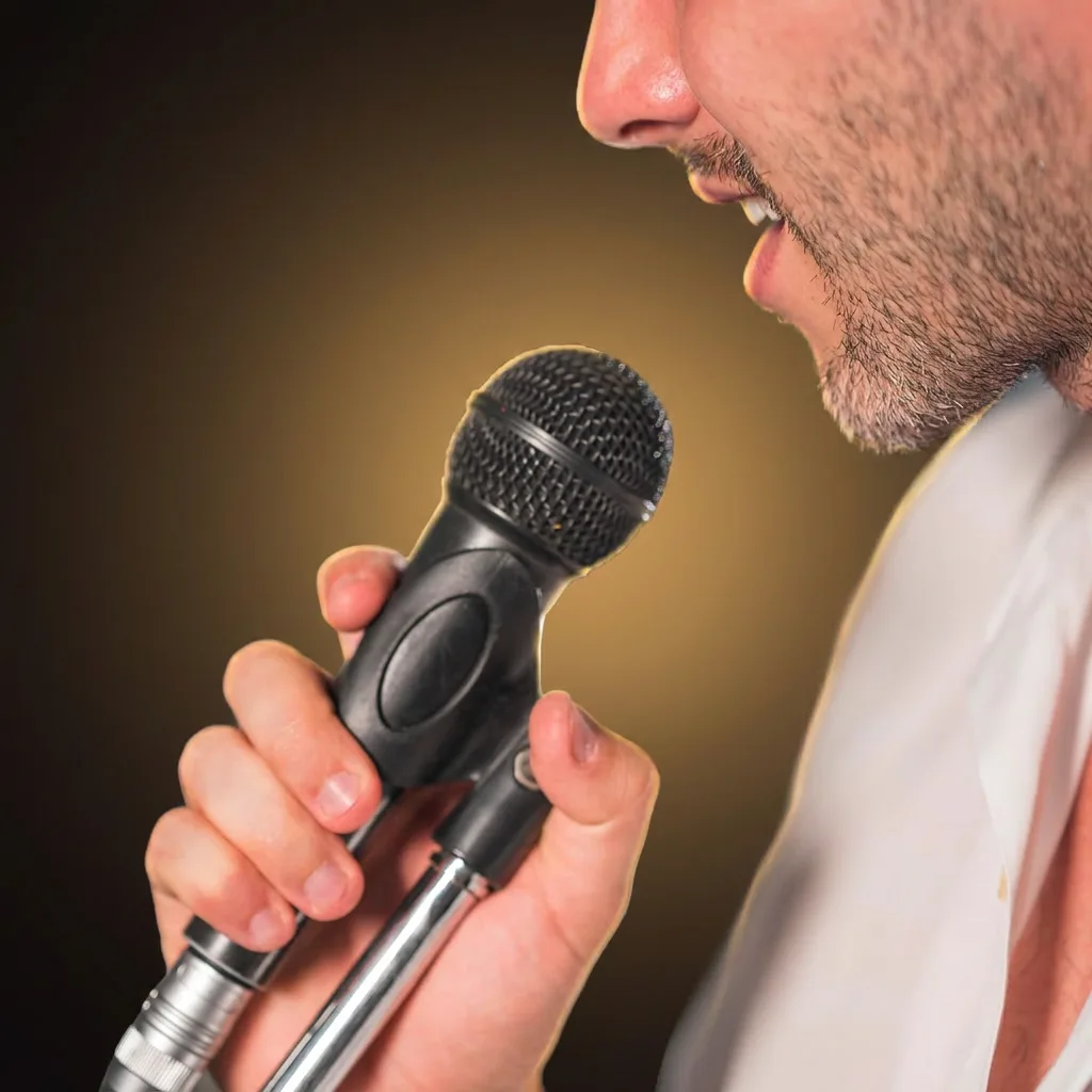 Alumno cantando ante un micrófono en el estudio
