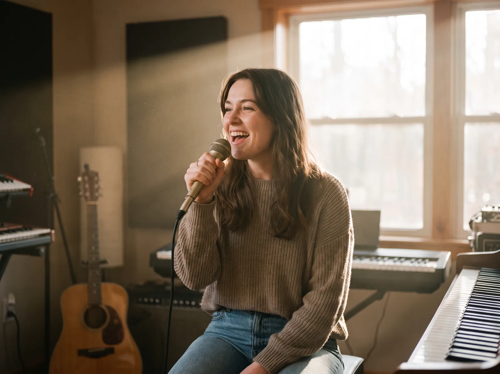 Alumna cantando con micrófono desde casa